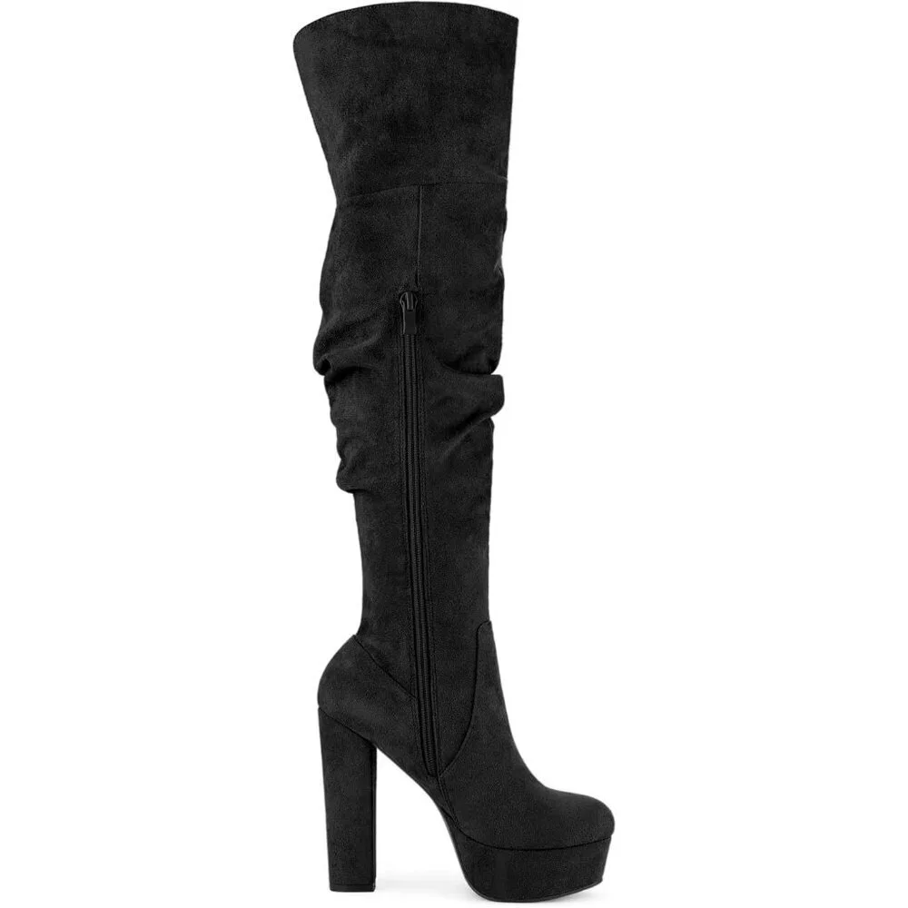 Women Black Platform Round Toe Zipper Slouch Heel Over the Knee Thigh High Boot